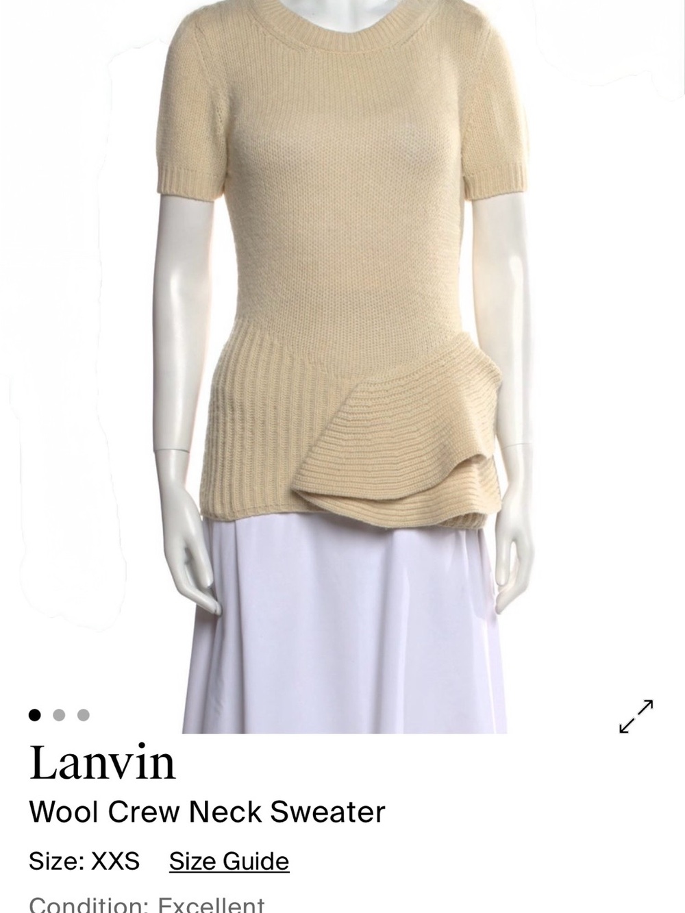 Lanvin Cream Short-Sleeve Wool Crew Neck Sweater with Peplum Detail